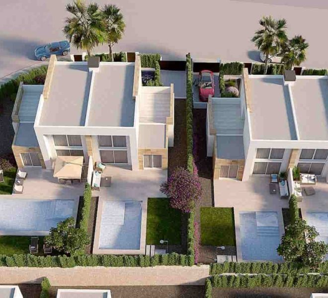 Vue aérienne de villas jumelées à Algorfa, dans le golf la Finca