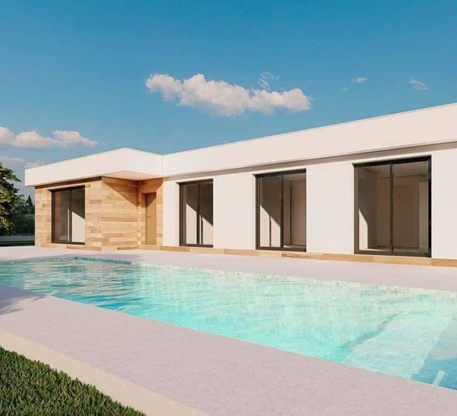 Image d'une villa luxueuse à un étage située à Calasparra, Murcie. La maison est entourée d'un jardin verdoyant et dispose d'une piscine privée. La structure moderne se compose de grandes fenêtres en aluminium, une terrasse spacieuse et une façade claire qui se fond harmonieusement dans l'environnement naturel