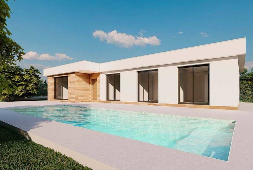 Image d'une villa luxueuse à un étage située à Calasparra, Murcie. La maison est entourée d'un jardin verdoyant et dispose d'une piscine privée. La structure moderne se compose de grandes fenêtres en aluminium, une terrasse spacieuse et une façade claire qui se fond harmonieusement dans l'environnement naturel